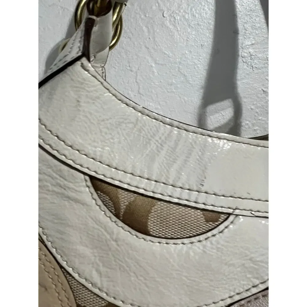 Coach Pierced Patchwork Maggie Hobo Bag Logo Khaki Beige Purse Tan